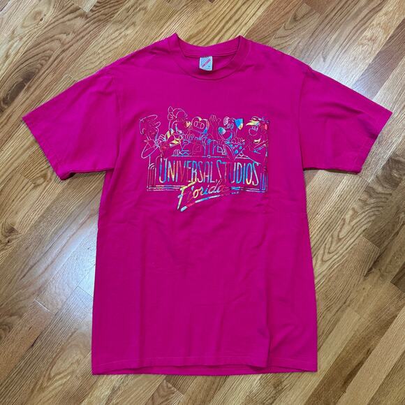 RARE Vintage Universal Studios T-Shirt Pink Gel Large Jetsons Flintstones 1990 - Picture 1 of 3
